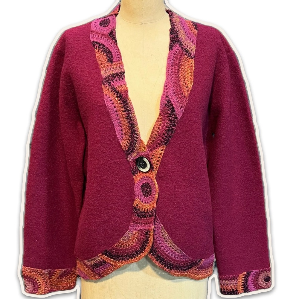 VINTAGE wool crochet trim cardigan blazer jacket sweater rabbit‎ hair 90s y2k